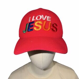 "I LOVE JESUS" embroidered in multi-colored 3D letters Red Baseball Cap